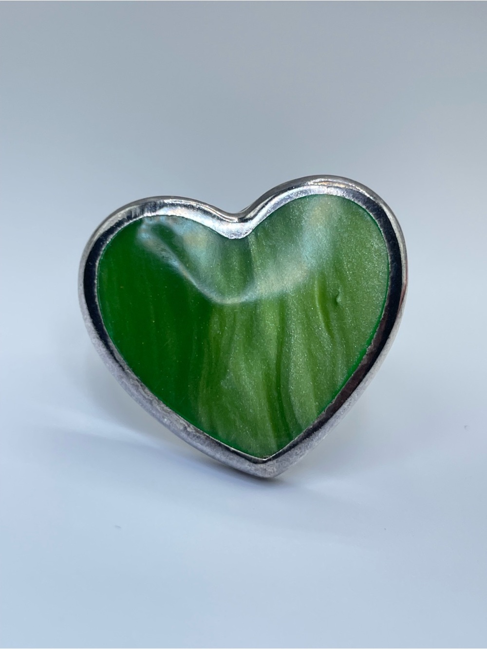 Vintage Taxco Mexico Green Enamel Heart Silver Tone Statement Ring